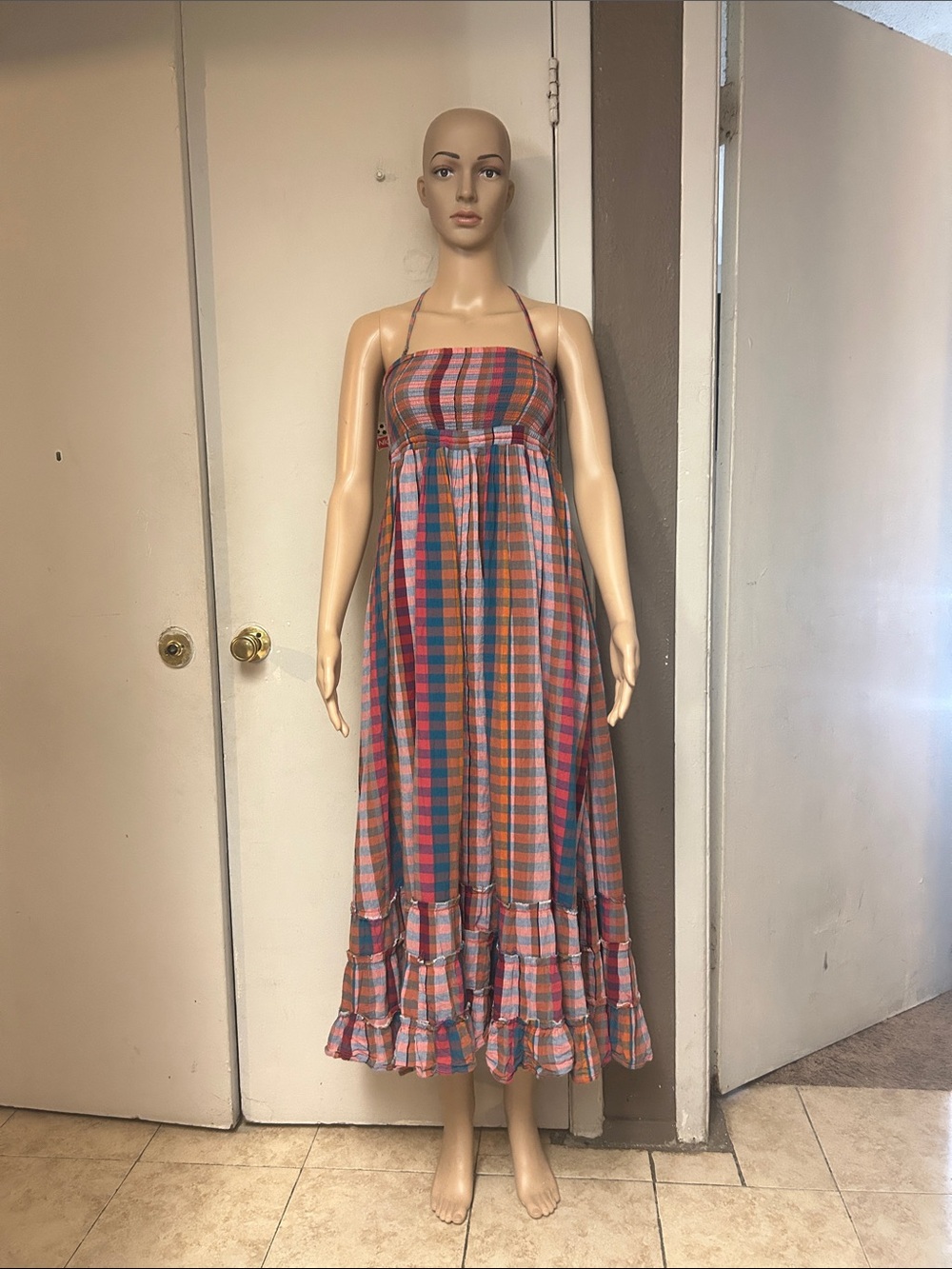Free People Plaid Strapless Maxi Dress - Blue, Orange, Pink